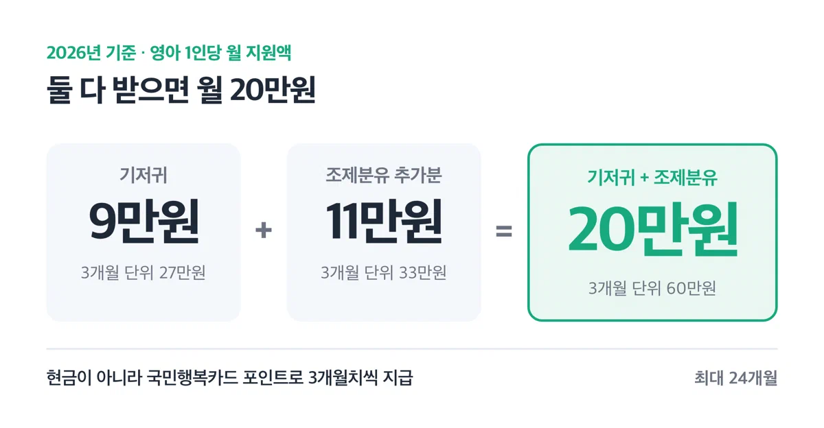 기저귀·조제분유 월 지원액을 더하기 식으로 보여주는 카드 — 기저귀 9만원에 조제분유 추가분 11만원을 더해 월 20만원이 된다