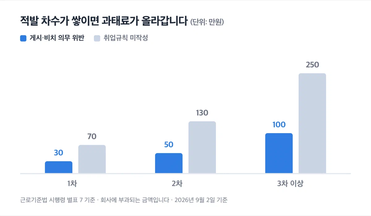 취업규칙 관련 과태료를 위반 차수별로 비교한 막대 그래프