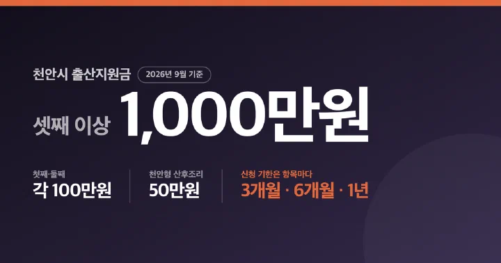 천안시 출산지원금 2026년 주요 금액을 정리한 대표 이미지