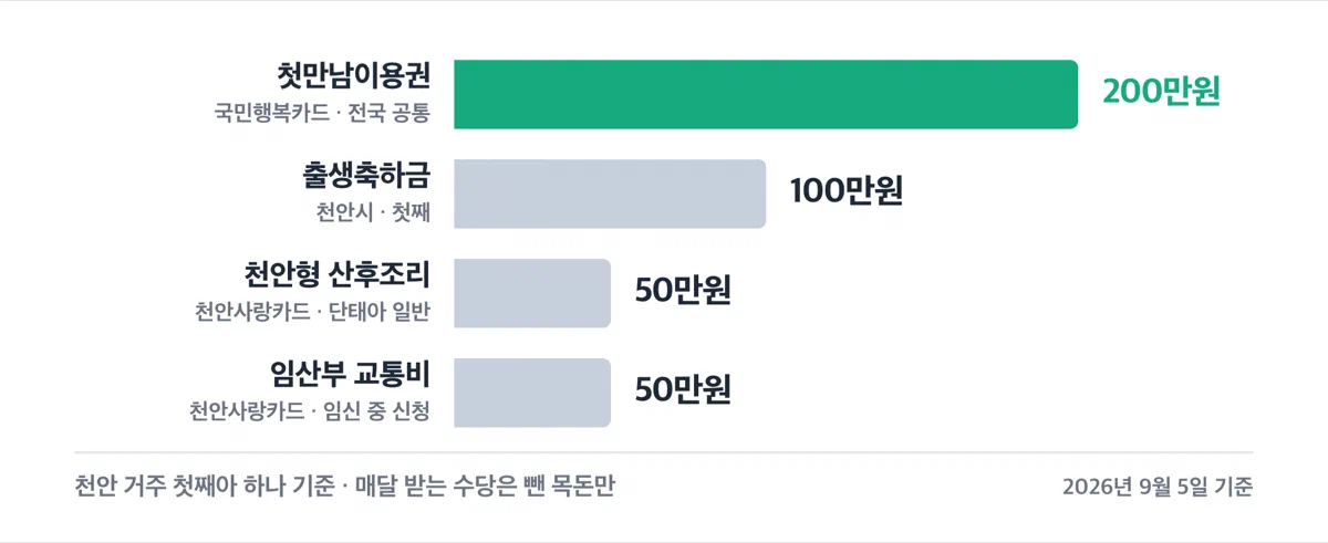 천안시 첫째아 기준 주요 지원금 네 가지를 막대로 비교한 그래프