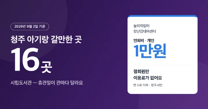 청주 어린이 도서관과 실내 놀이터 정보를 담은 대표 이미지