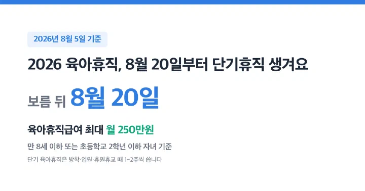 2026년 육아휴직 급여 구조와 8월 20일 단기 육아휴직 신설을 담은 제목 이미지