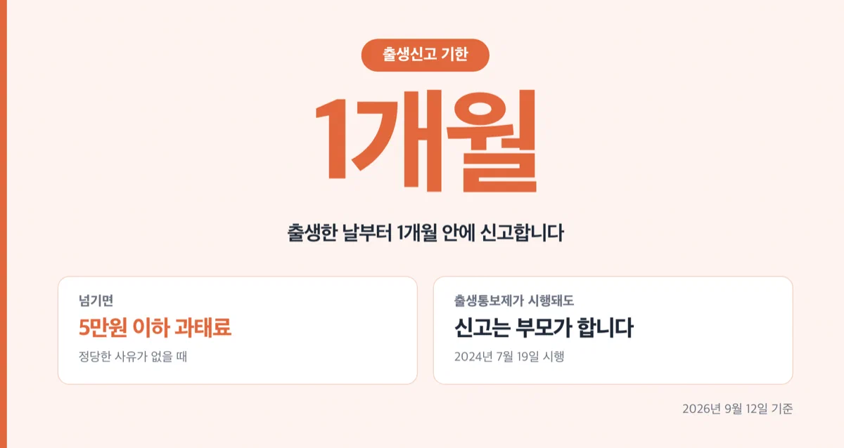 출생 후 1개월 이내 신고, 넘기면 5만원 이하 과태료라는 숫자를 크게 보여주는 카드