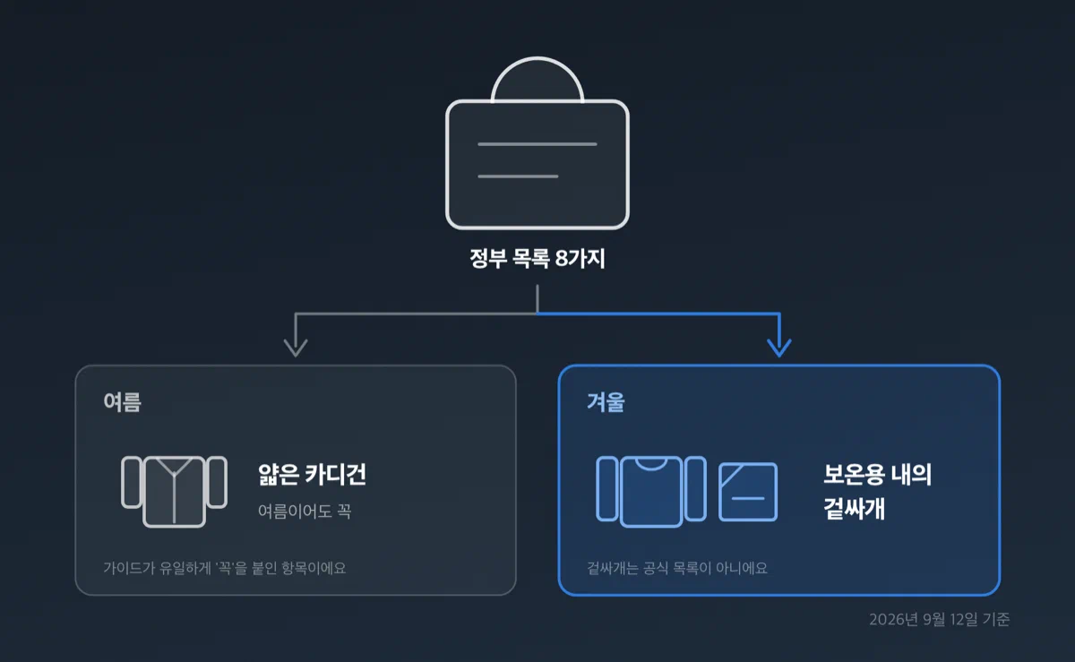같은 출산가방에 여름에는 얇은 카디건 한 벌이, 겨울에는 보온용 내의와 겉싸개가 더해지는 구도의 일러스트