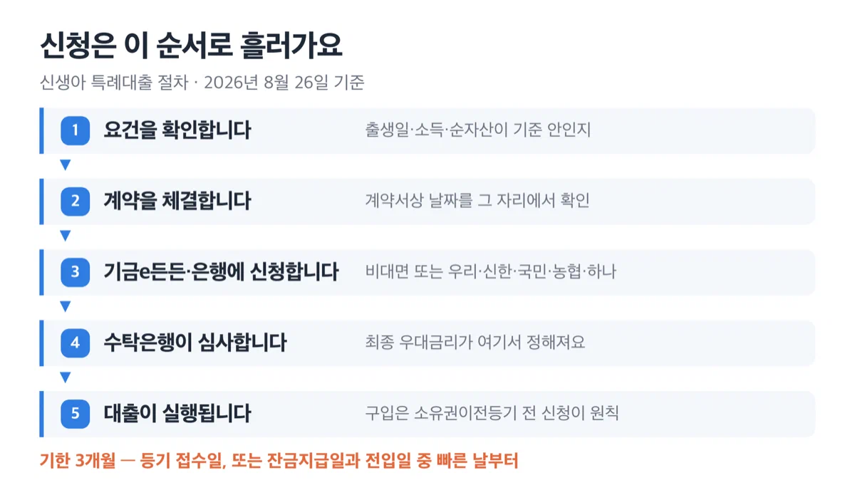 신생아 특례대출 신청을 요건 확인, 계약 체결, 기금e든든 또는 은행 신청, 수탁은행 심사, 대출 실행 다섯 단계로 보여주는 흐름도