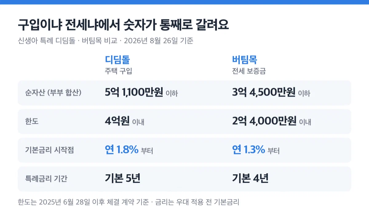 디딤돌은 순자산 5억 1,100만원·한도 4억원·금리 1.8%부터·5년, 버팀목은 순자산 3억 4,500만원·한도 2억 4,000만원·금리 1.3%부터·4년임을 비교한 표 이미지