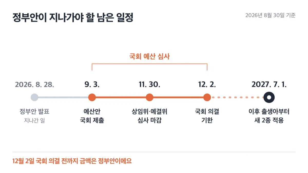 2026년 8월 발표부터 2027년 7월 적용까지의 예산 심사 일정을 시간 순으로 배열한 그림