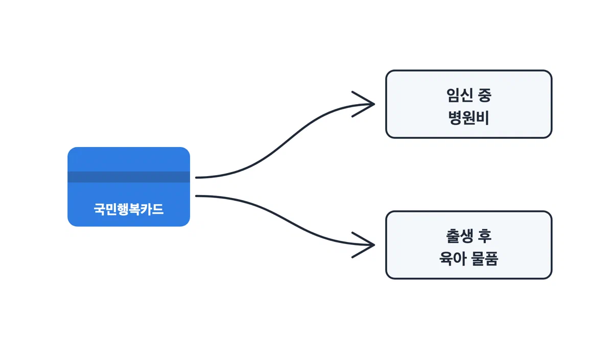 같은 국민행복카드가 임신 중 병원비 지원과 출생 후 육아 물품 지원, 두 갈래로 나뉘는 모습을 그린 그림