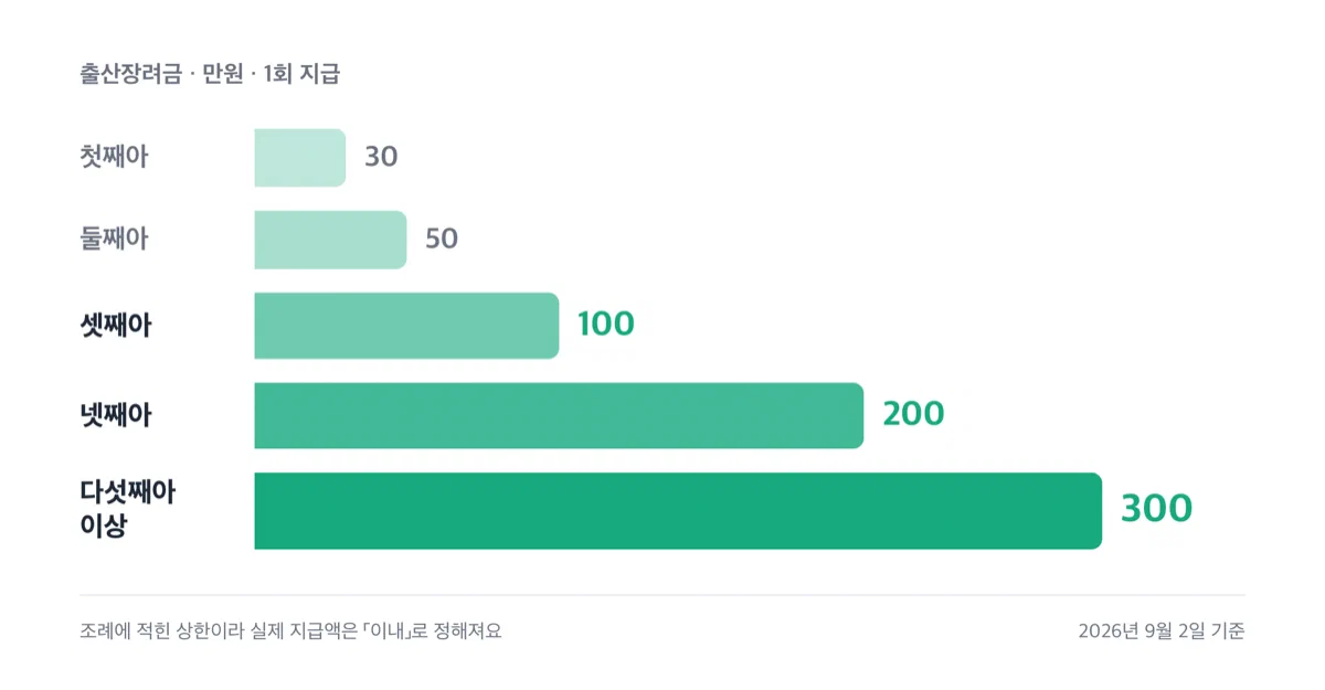 성남시 출산장려금이 첫째 30만원에서 다섯째 이상 300만원까지 올라가는 막대 그래프