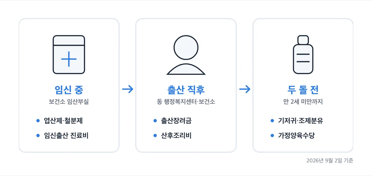 임신기·출산 직후·영아기 순서로 지원 사업이 이어지는 흐름 그림