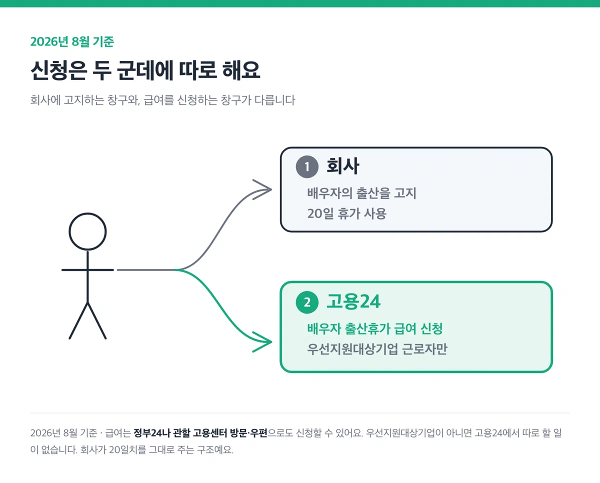 회사에 고지하는 창구와 고용24 급여 신청 창구가 둘로 갈리는 흐름을 보여주는 그림