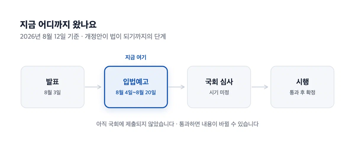 발표·입법예고·국회 심사·시행 4단계 중 지금 입법예고 단계에 있음을 보여주는 흐름도