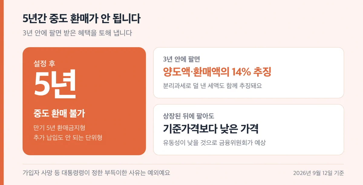 5년 환매 제한과 3년 내 양도 시 추징을 경고하는 카드