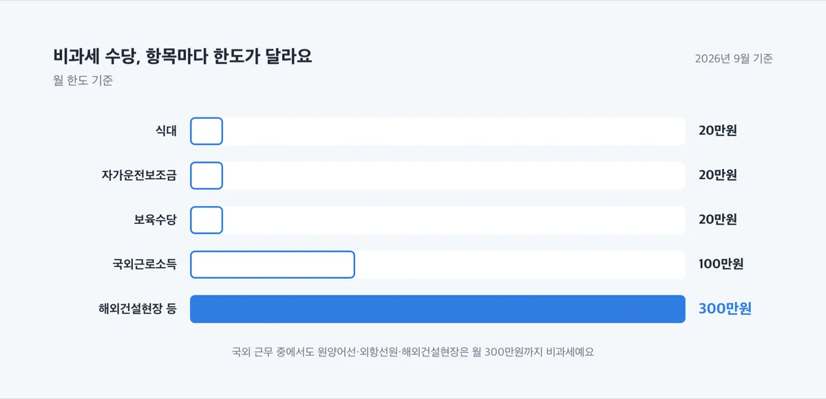 비과세 수당 다섯 항목의 월 한도를 막대로 비교한 그래프