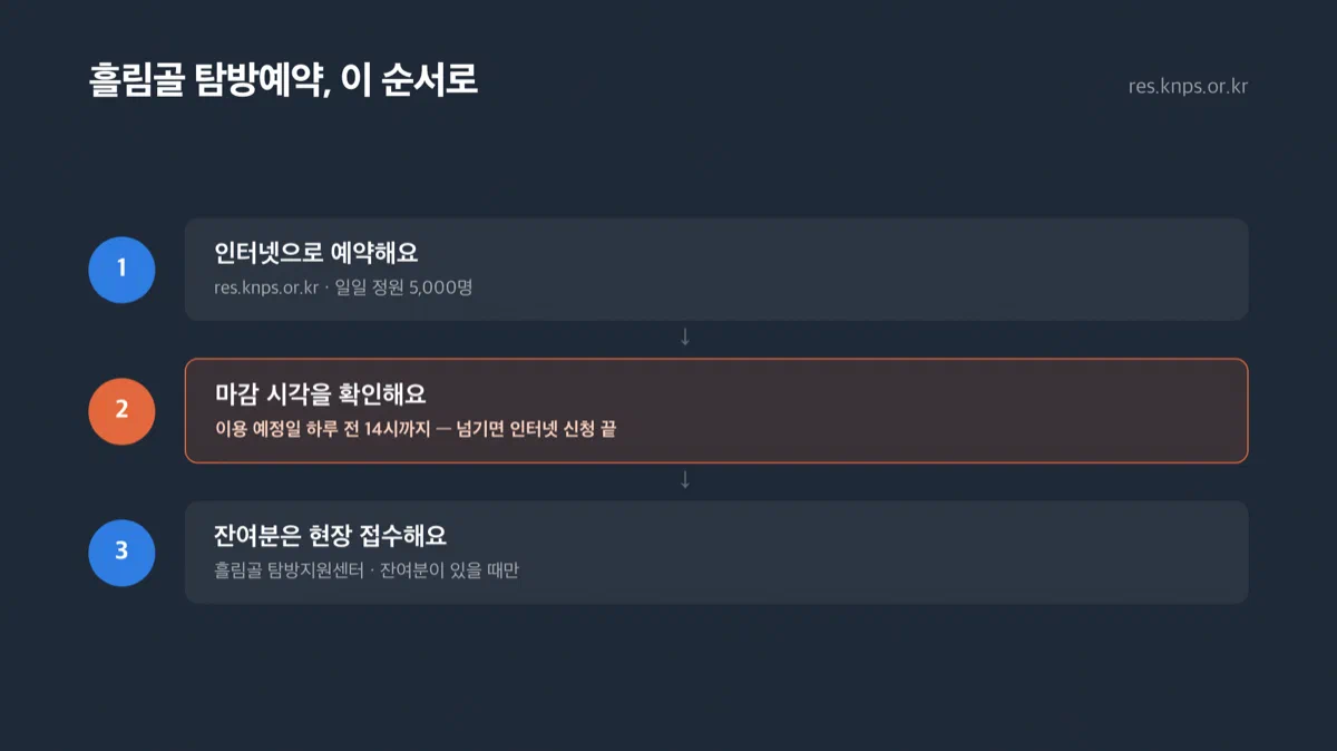 흘림골 탐방예약제 신청 절차를 인터넷 예약부터 현장 접수까지 단계로 보여주는 순서도