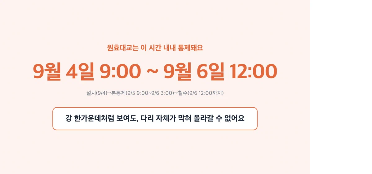 원효대교 위에 사람 없이 통제선만 쳐진 모습